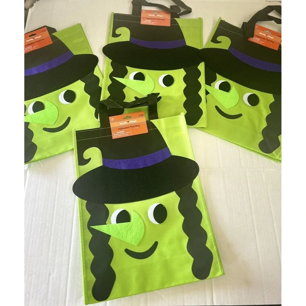 Trick or Treat Candy Bags Totes Halloween Fabric Witch Large Lot of 4 Green New